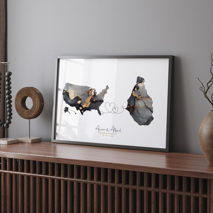 USA and Montserrat Map Black & Gold Travel Wall Art Print | United States | America | Travel Moving Home Gift