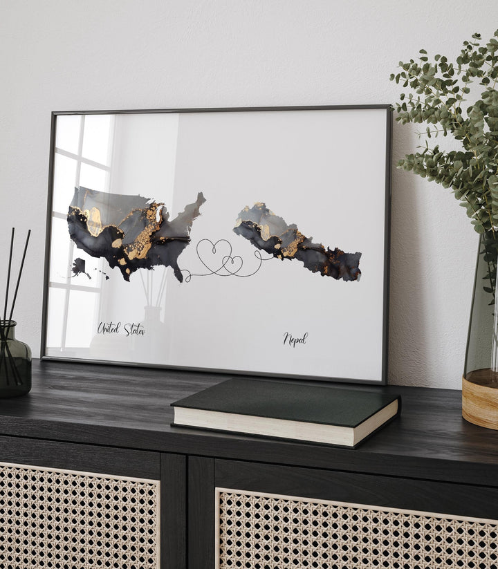 USA and Nepal Map Black & Gold Travel Wall Art Print | United States | America | Travel Moving Home Gift