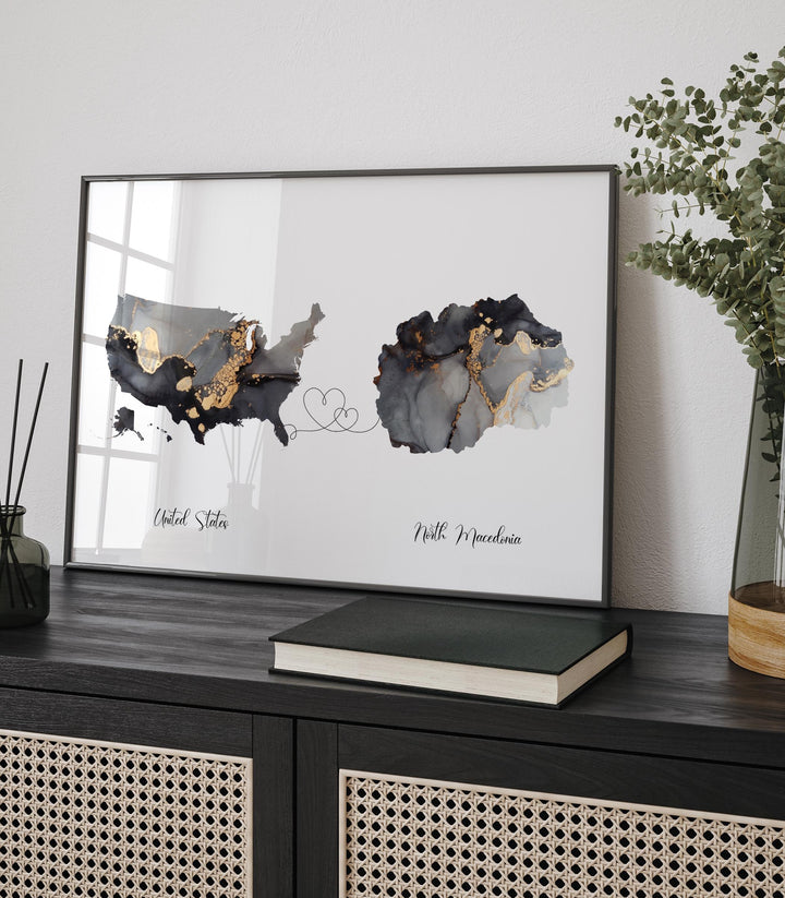 USA and North Macedonia Map Black & Gold Travel Wall Art Print | United States | America | Travel Moving Home Gift