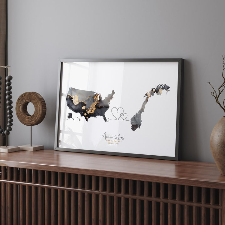 USA and Norway Map Black & Gold Travel Wall Art Print | United States | America | Travel Moving Home Gift