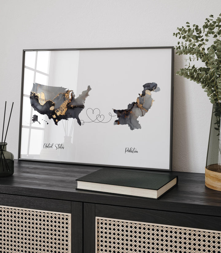 USA and Pakistan Map Black & Gold Travel Wall Art Print | United States | America | Travel Moving Home Gift