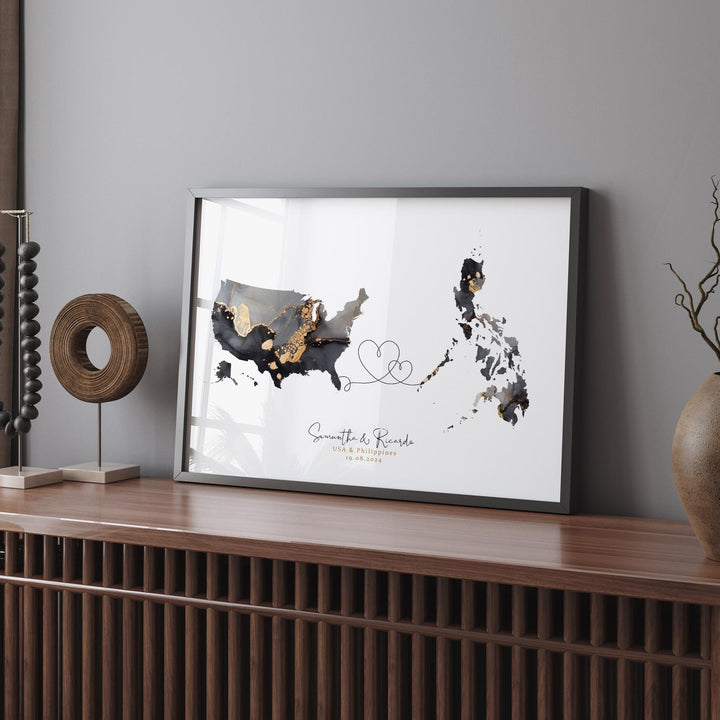 USA and Philippines Map Black & Gold Travel Wall Art Print | United States | America | Travel Moving Home Gift