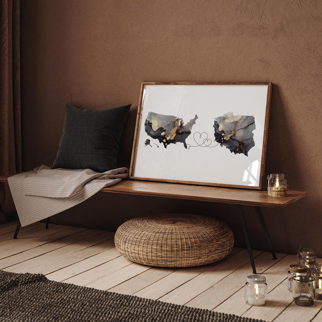 USA and Poland Map Black & Gold Travel Wall Art Print | United States | America | Travel Moving Home Gift