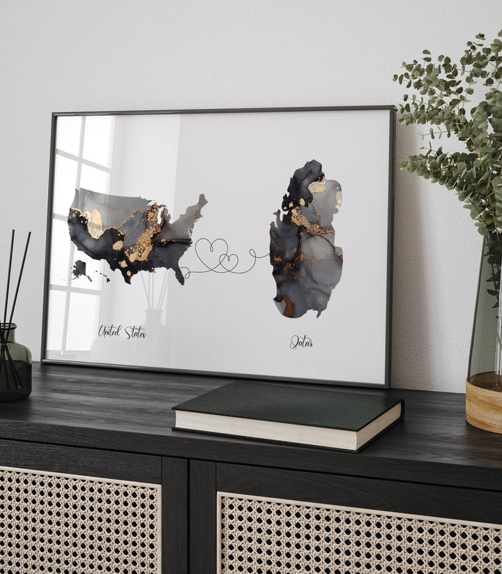 USA and Qatar Map Black & Gold Travel Wall Art Print | United States | America | Travel Moving Home Gift