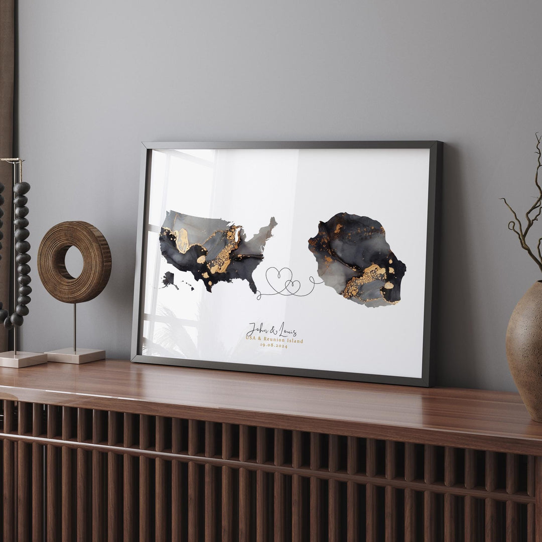 USA and Reunion Island Map Black & Gold Travel Wall Art Print | United States | America | Travel Moving Home Gift