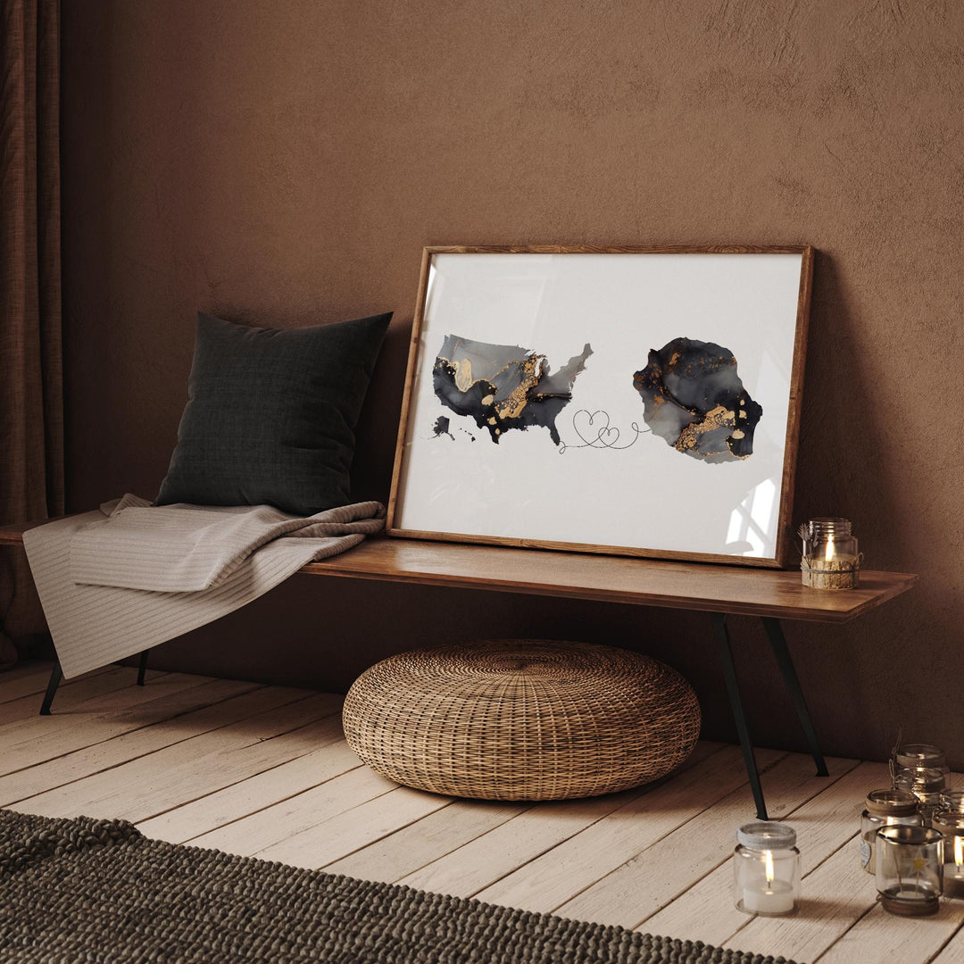 USA and Reunion Island Map Black & Gold Travel Wall Art Print | United States | America | Travel Moving Home Gift