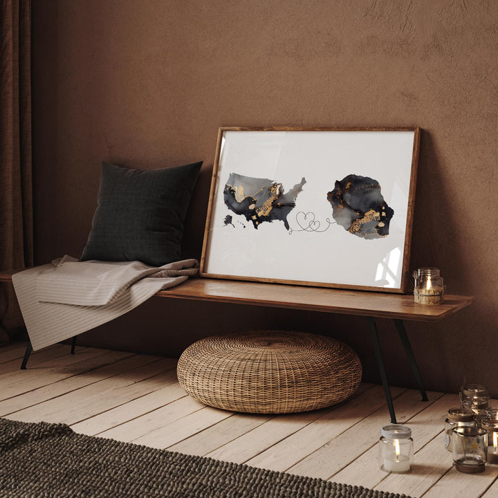 USA and Reunion Island Map Black & Gold Travel Wall Art Print | United States | America | Travel Moving Home Gift