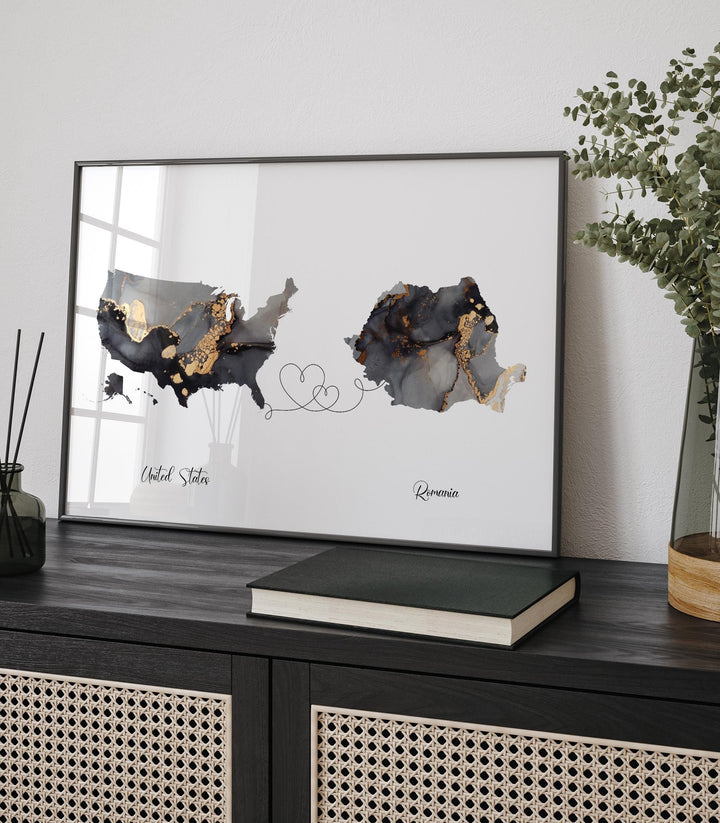 USA and Romania Map Black & Gold Travel Wall Art Print | United States | America | Travel Moving Home Gift