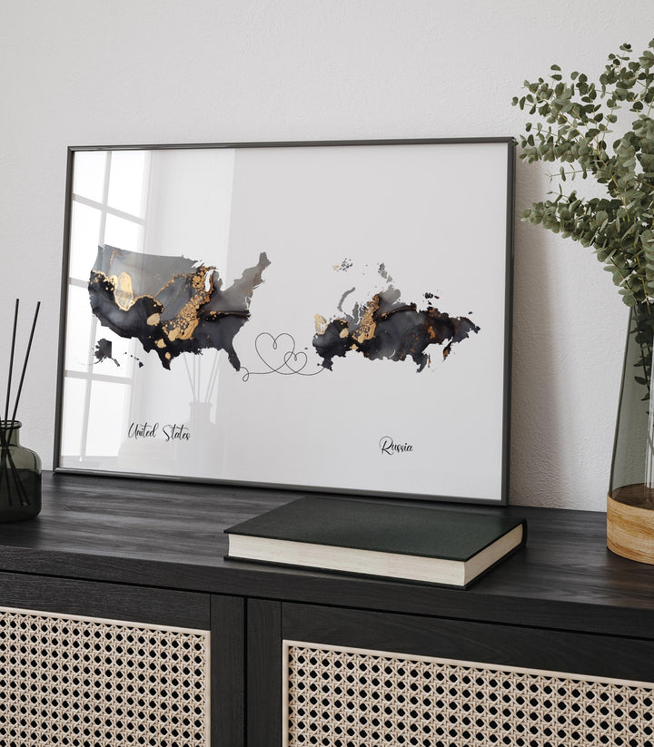 USA and Russia Map Black & Gold Travel Wall Art Print | United States | America | Travel Moving Home Gift