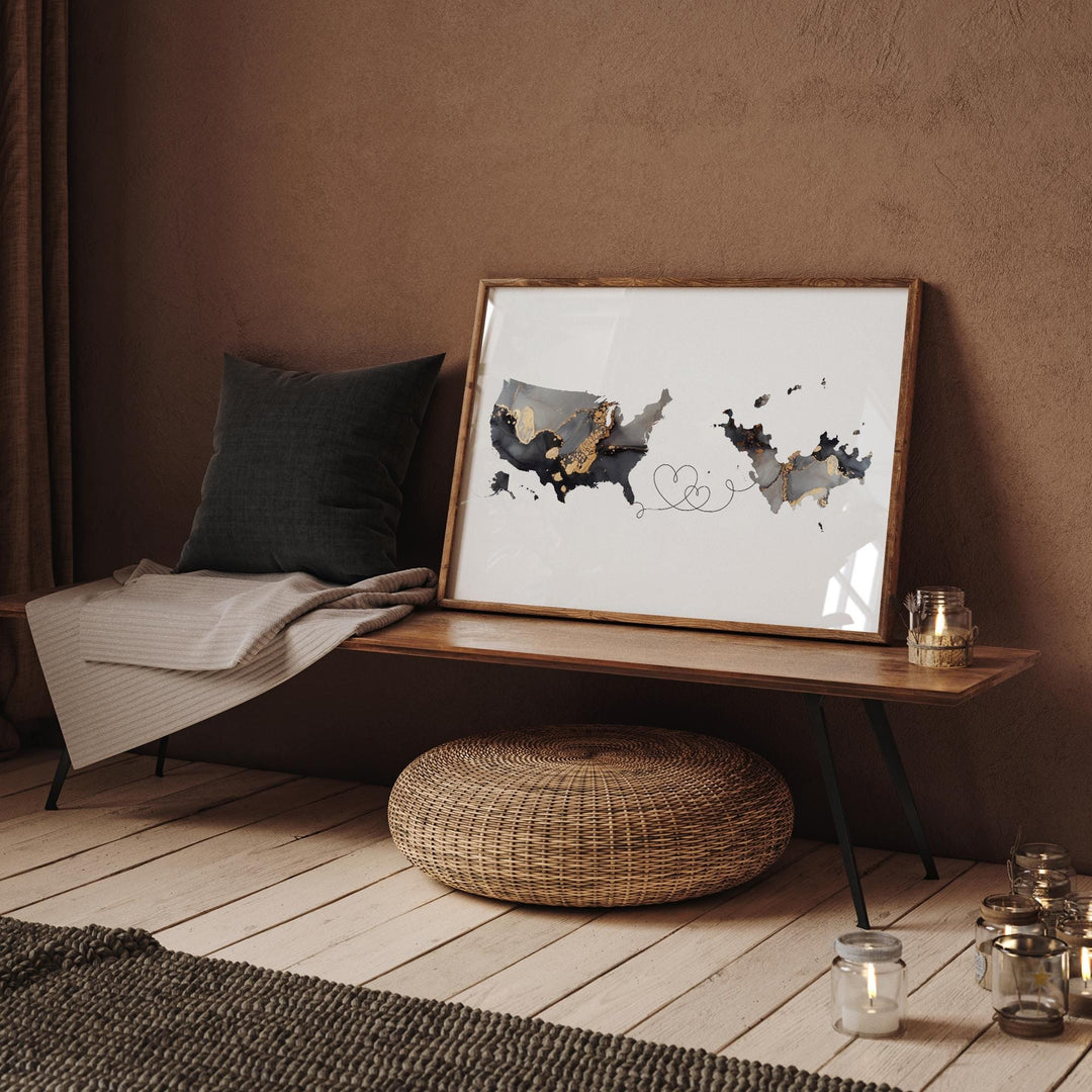 USA and Saint Barthelemy Map Black & Gold Travel Wall Art Print | United States | America | Travel Moving Home Gift