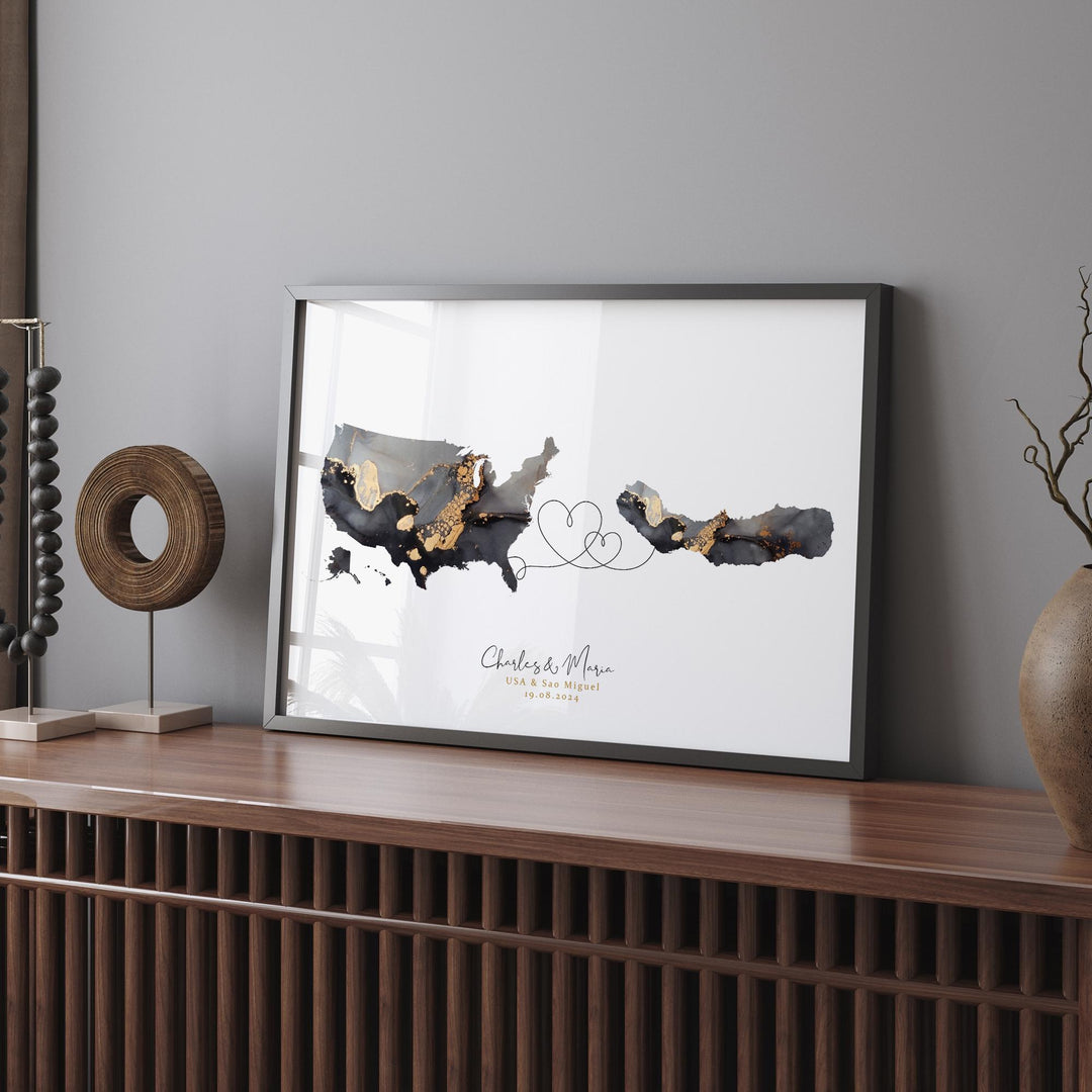 USA and Sao Miguel Map Black & Gold Travel Wall Art Print | United States | America | Travel Moving Home Gift