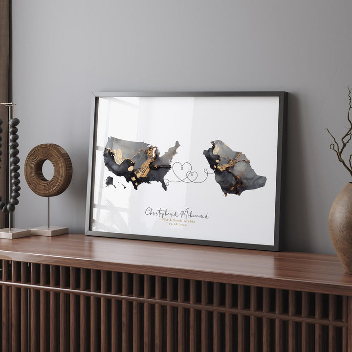 USA and Saudi Arabia Map Black & Gold Travel Wall Art Print | United States | America | Travel Moving Home Gift