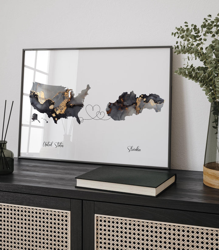 USA and Slovakia Map Black & Gold Travel Wall Art Print | United States | America | Travel Moving Home Gift