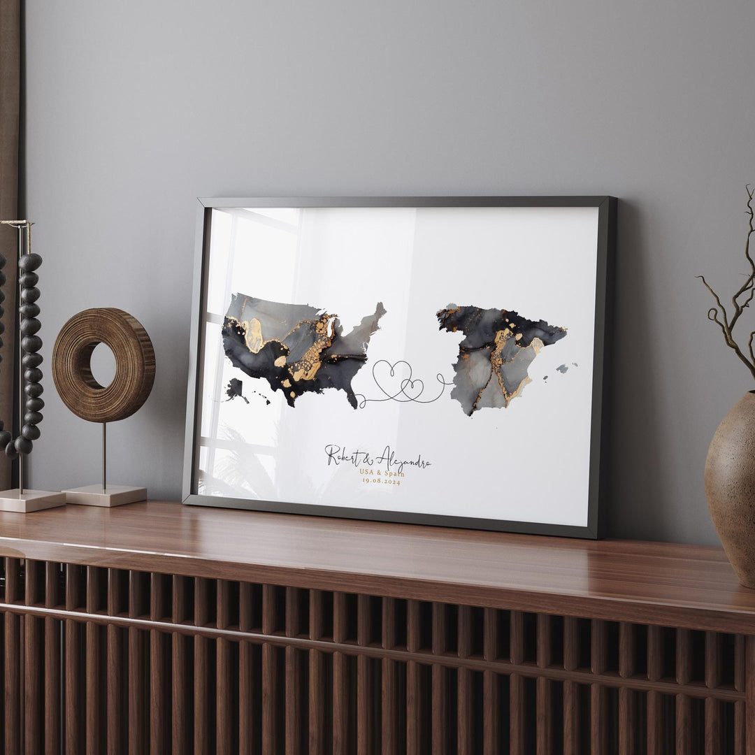 USA and Spain Map Black & Gold Travel Wall Art Print | United States | America | Travel Moving Home Gift