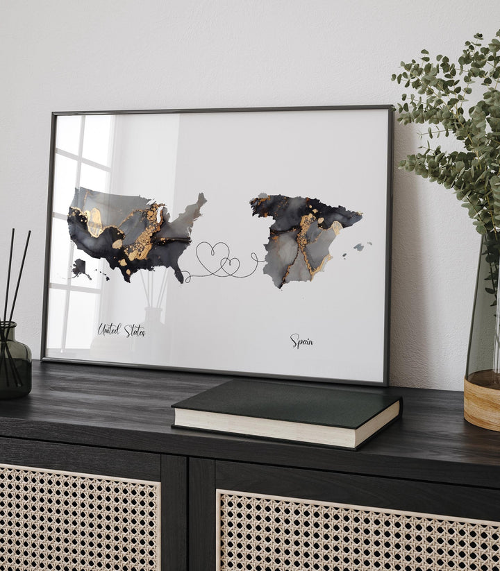 USA and Spain Map Black & Gold Travel Wall Art Print | United States | America | Travel Moving Home Gift