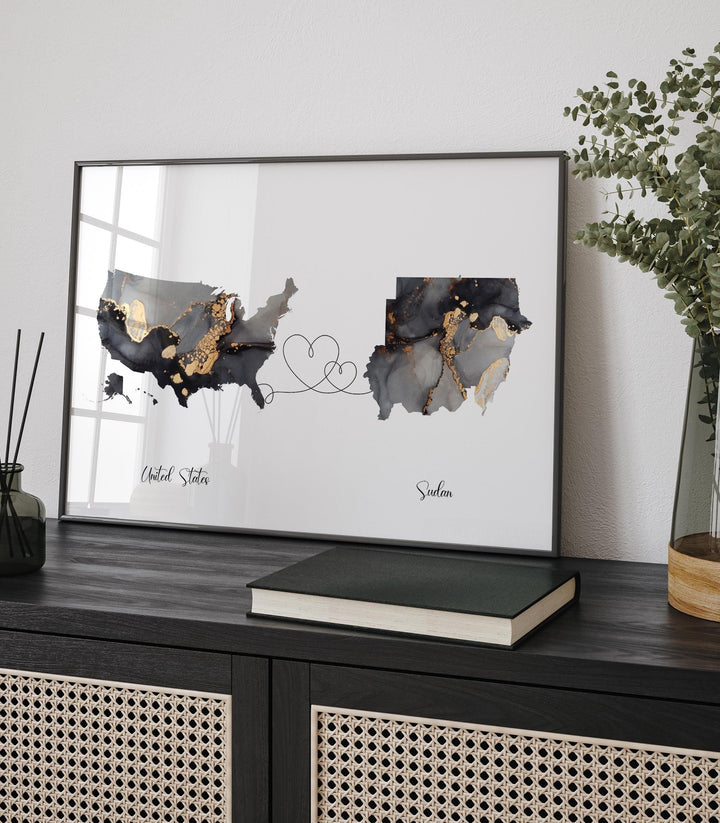 USA and Sudan Map Black & Gold Travel Wall Art Print | United States | America | Travel Moving Home Gift