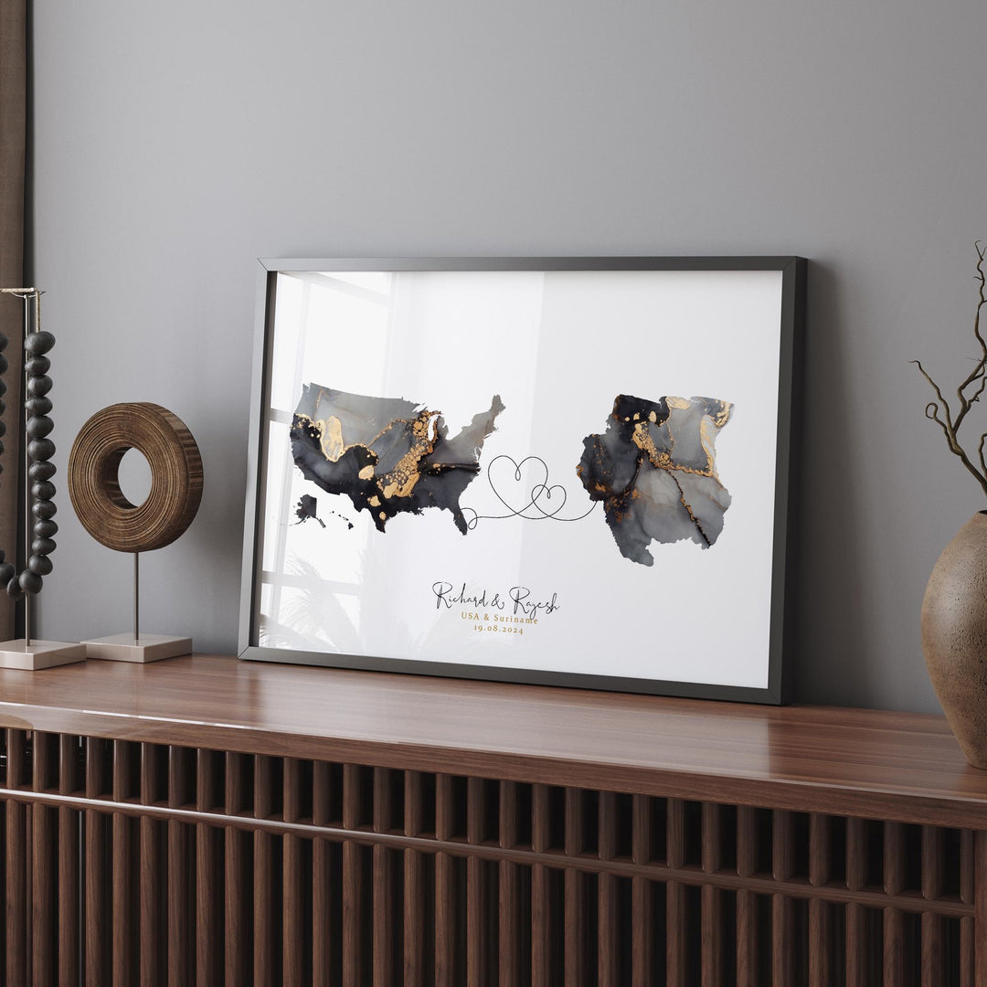 USA and Suriname Map Black & Gold Travel Wall Art Print | United States | America | Travel Moving Home Gift