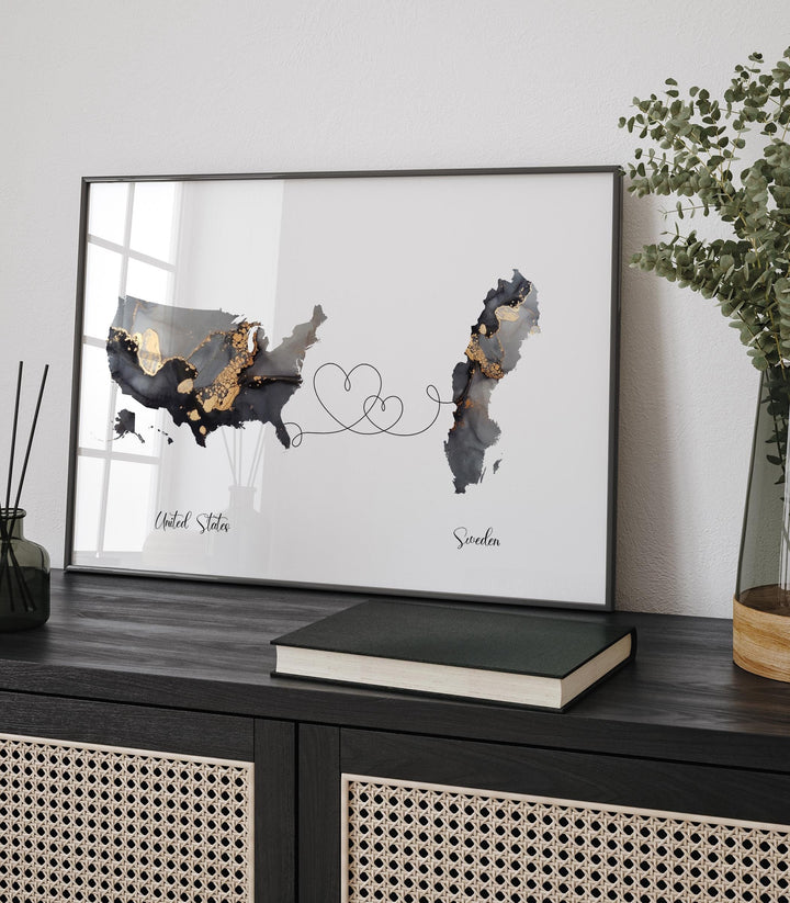 USA and Sweden Map Black & Gold Travel Wall Art Print | United States | America | Travel Moving Home Gift
