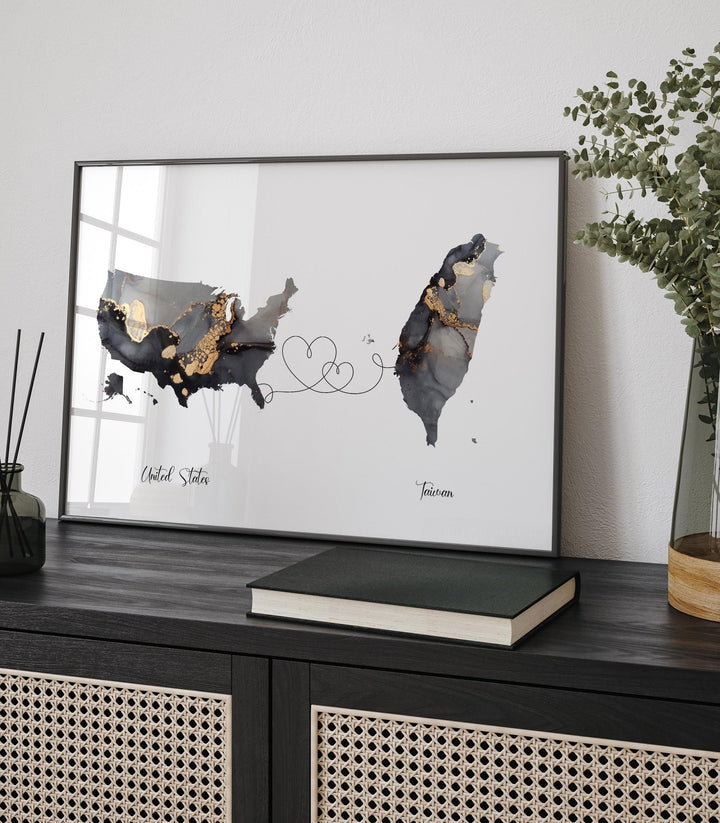 USA and Taiwan Map Black & Gold Travel Wall Art Print | United States | America | Travel Moving Home Gift