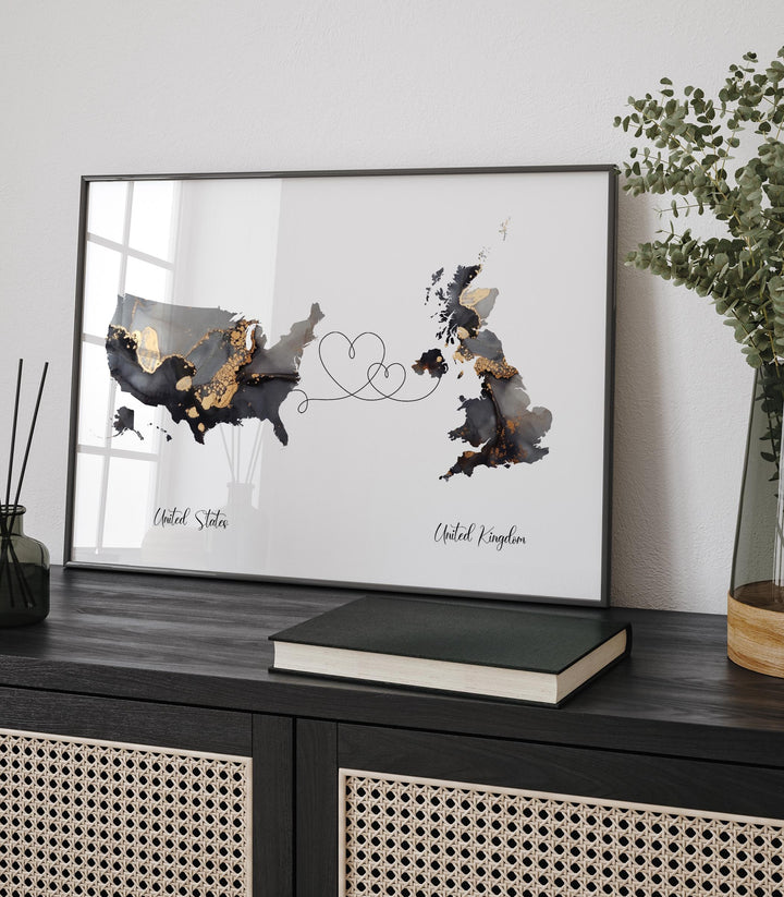 USA and United Kingdom Map Black & Gold Travel Wall Art Print | United States | America | Travel Moving Home Gift