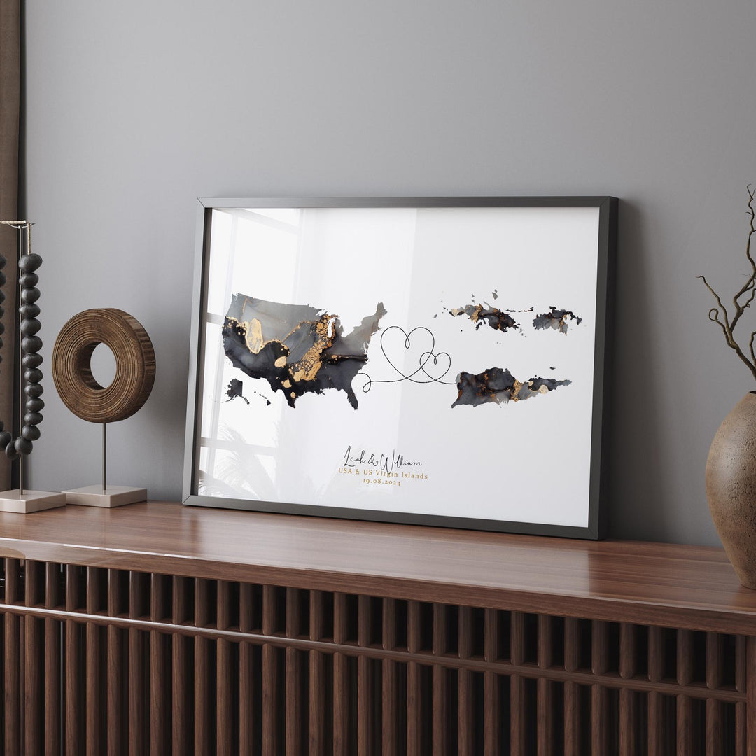 USA and US Virgin Islands Map Black & Gold Travel Wall Art Print | United States | America | Travel Moving Home Gift