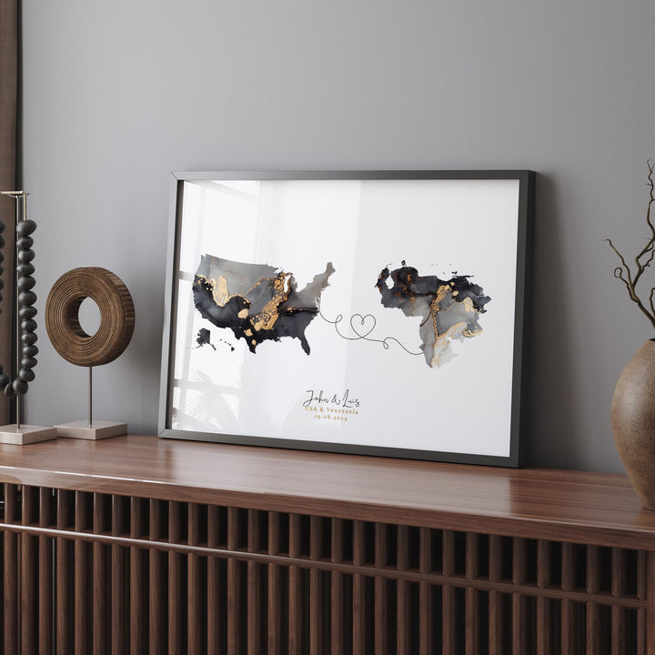 USA and Venezuela Map Black & Gold Travel Wall Art Print | United States | America | Travel Moving Home Gift