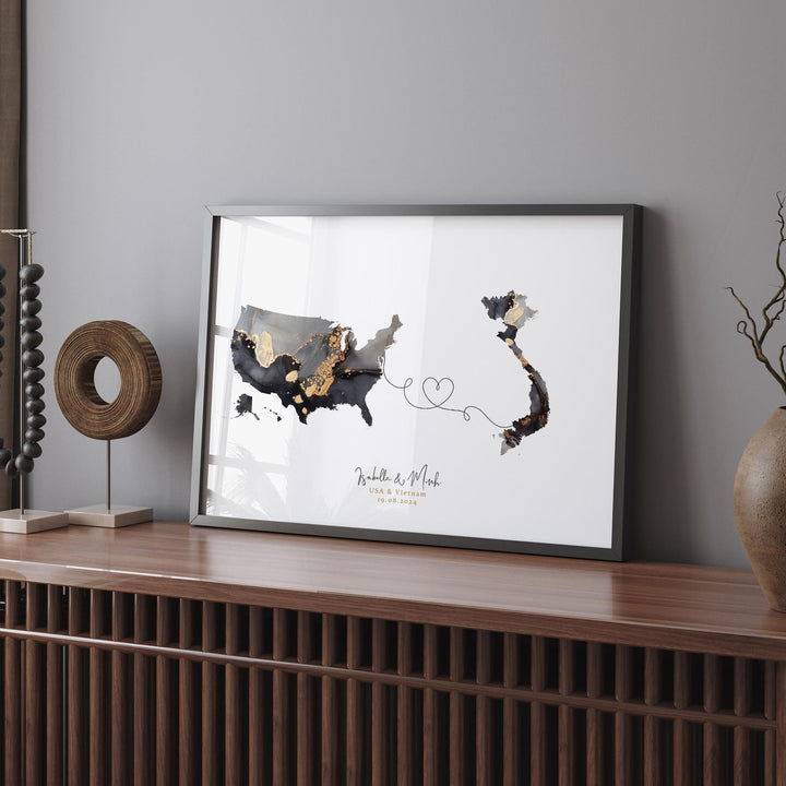 USA and Vietnam Map Black & Gold Travel Wall Art Print | United States | America | Travel Moving Home Gift