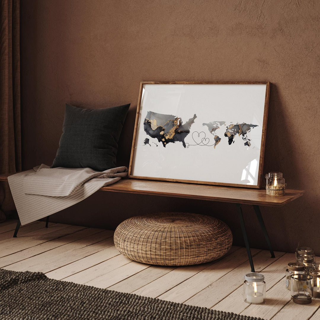 USA and World Map Black & Gold Travel Wall Art Print | United States | America | Travel Moving Home Gift