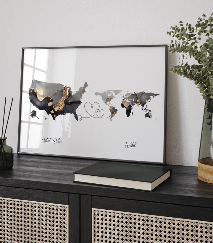 USA and World Map Black & Gold Travel Wall Art Print | United States | America | Travel Moving Home Gift