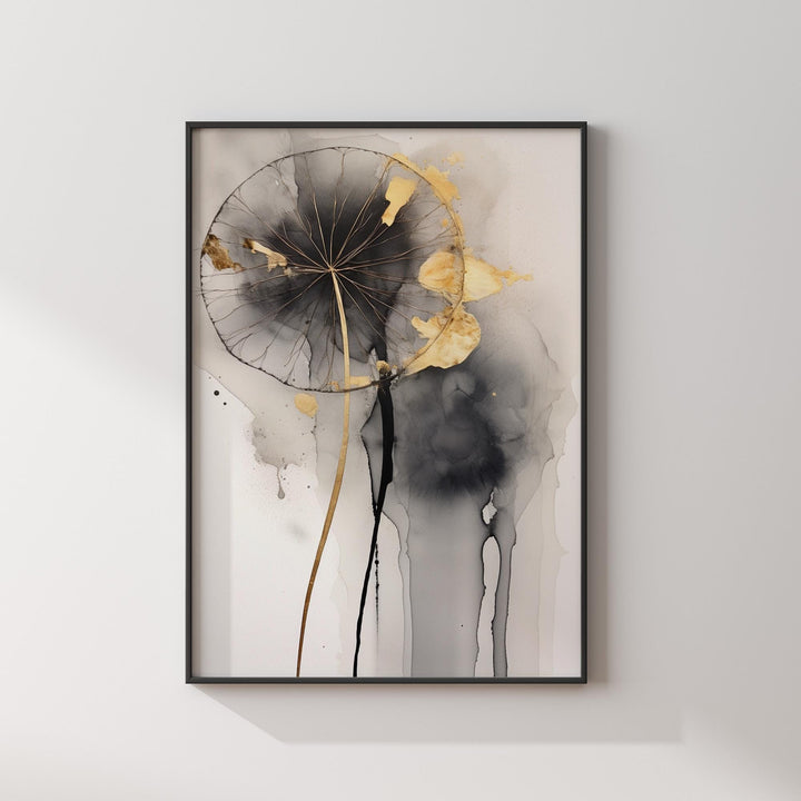 Dandelion Wall Art Print in Black, Grey, and Gold  Nature Inspired Botanical Decor