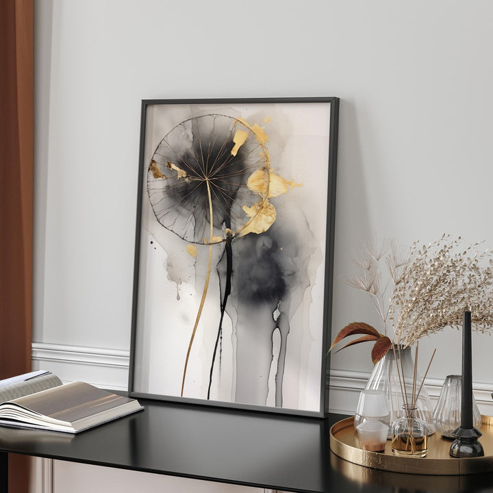 Dandelion Wall Art Print in Black, Grey, and Gold  Nature Inspired Botanical Decor