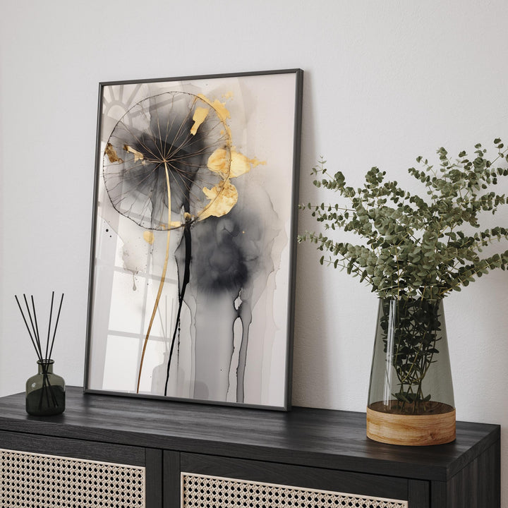 Dandelion Wall Art Print in Black, Grey, and Gold  Nature Inspired Botanical Decor