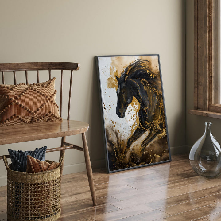 Horse Wall Art In Black and Gold | Abstract Animal Painting
