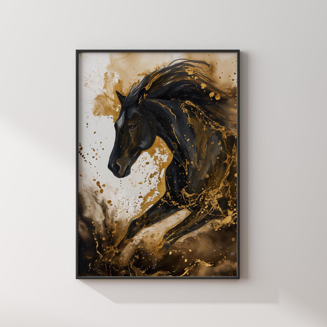 Horse Wall Art In Black and Gold | Abstract Animal Painting
