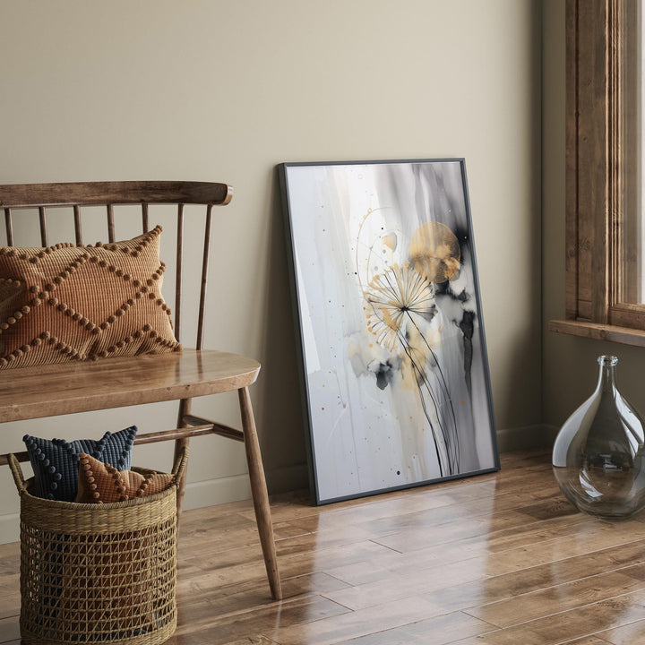 Dandelion Black, Grey and Gold  Wall Art Print | Nature-Inspired Botanical Decor
