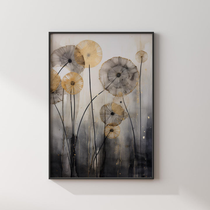Dandelion Wall Art Print in Black, Grey, and Gold | Unframed Botanical Decor with Modern Floral Elegance
