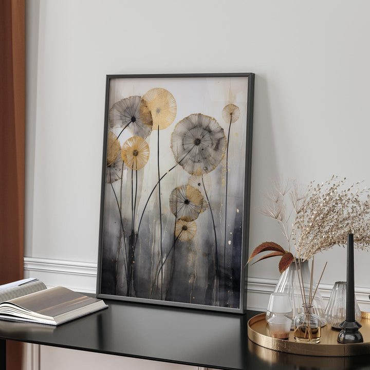 Dandelion Wall Art Print in Black, Grey, and Gold | Unframed Botanical Decor with Modern Floral Elegance
