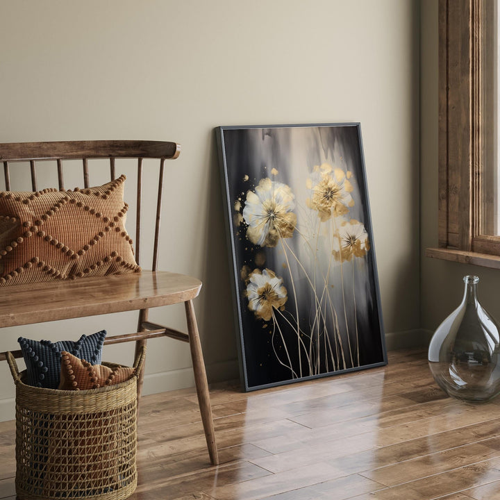 Dandelion Black and Gold  Art Print | Classic Floral Decor for Upscale Rooms