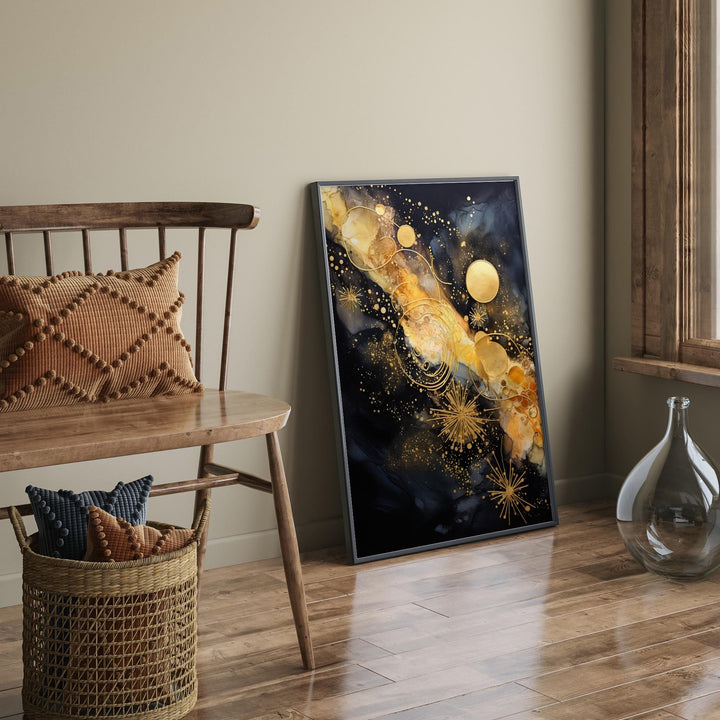 Galaxy Floral Bloom Art Print | Universe black and gold Floral Decor for Home and Office