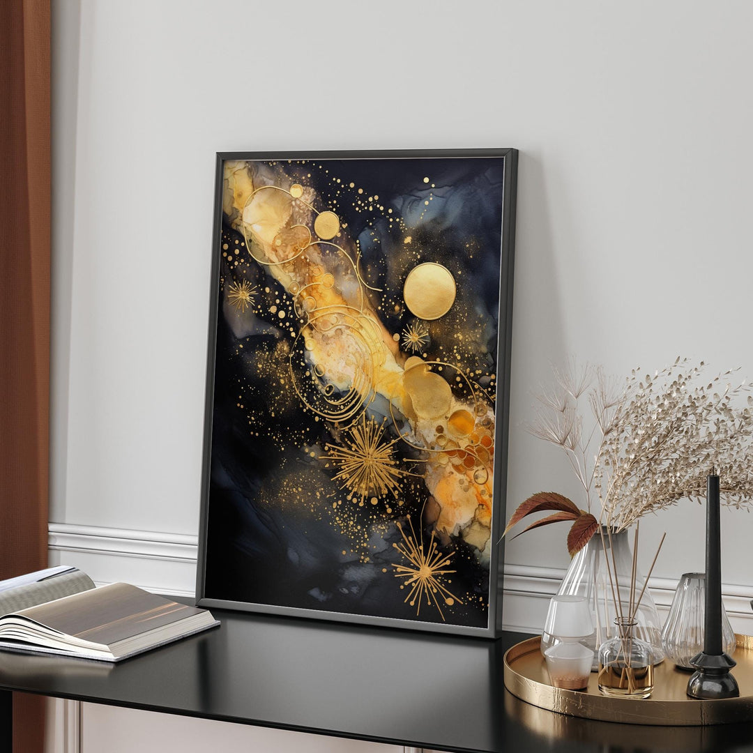 Galaxy Floral Bloom Art Print | Universe black and gold Floral Decor for Home and Office