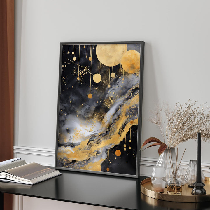 Galaxy Black and gold Abstract Floral Wall Art Print | Bold and Elegant Night Sky Artwork
