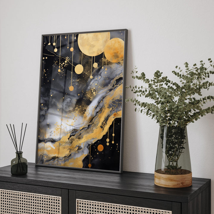 Galaxy Black and gold Abstract Floral Wall Art Print | Bold and Elegant Night Sky Artwork