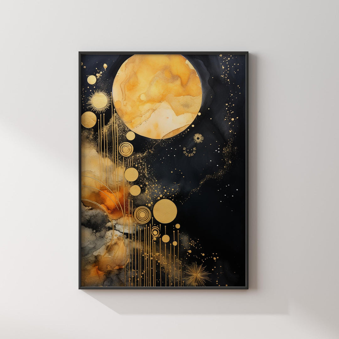 Galaxy Black and gold Modern Floral Wall Art Print | Universe Chic and Elegant Nature-Inspired Artwork