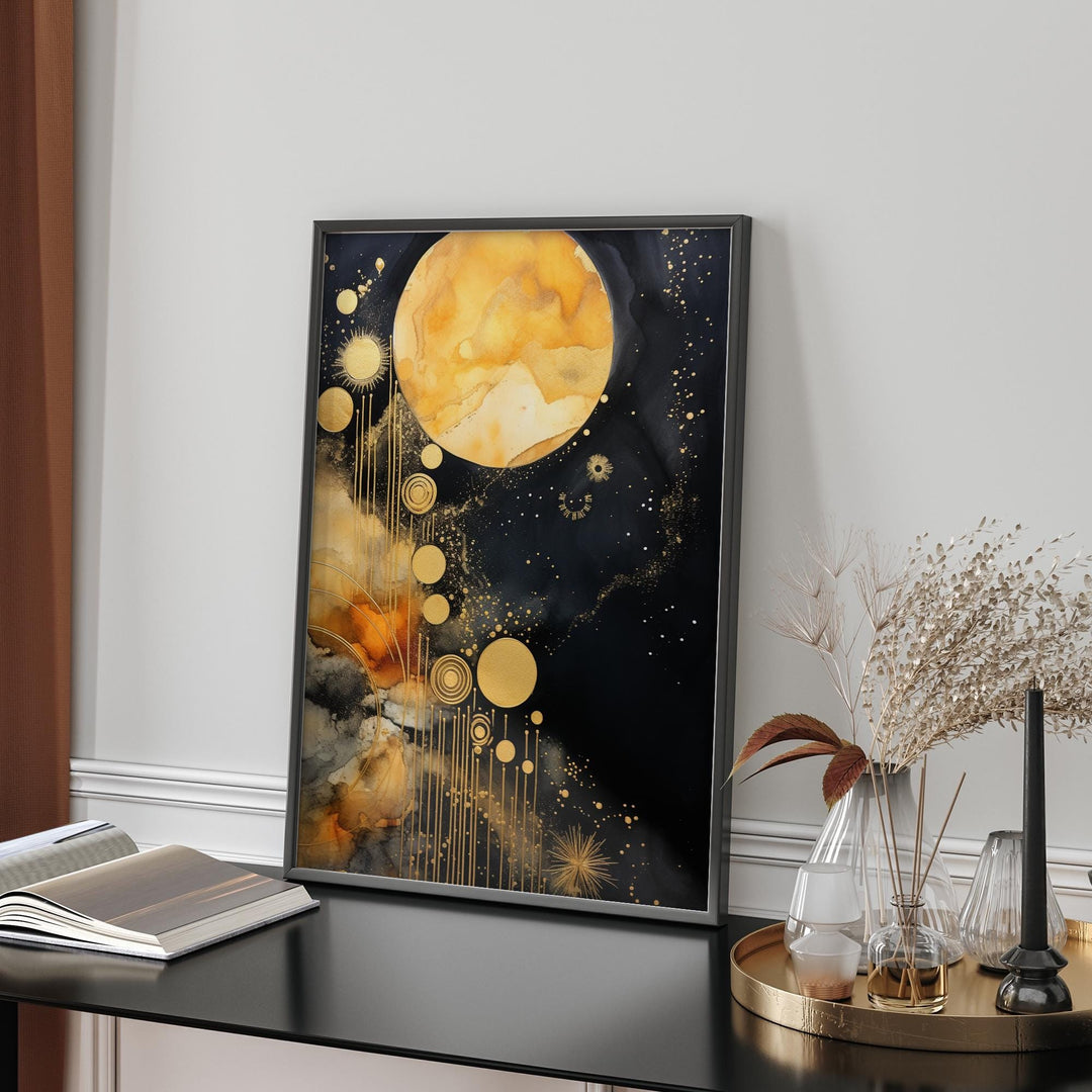 Galaxy Black and gold Modern Floral Wall Art Print | Universe Chic and Elegant Nature-Inspired Artwork