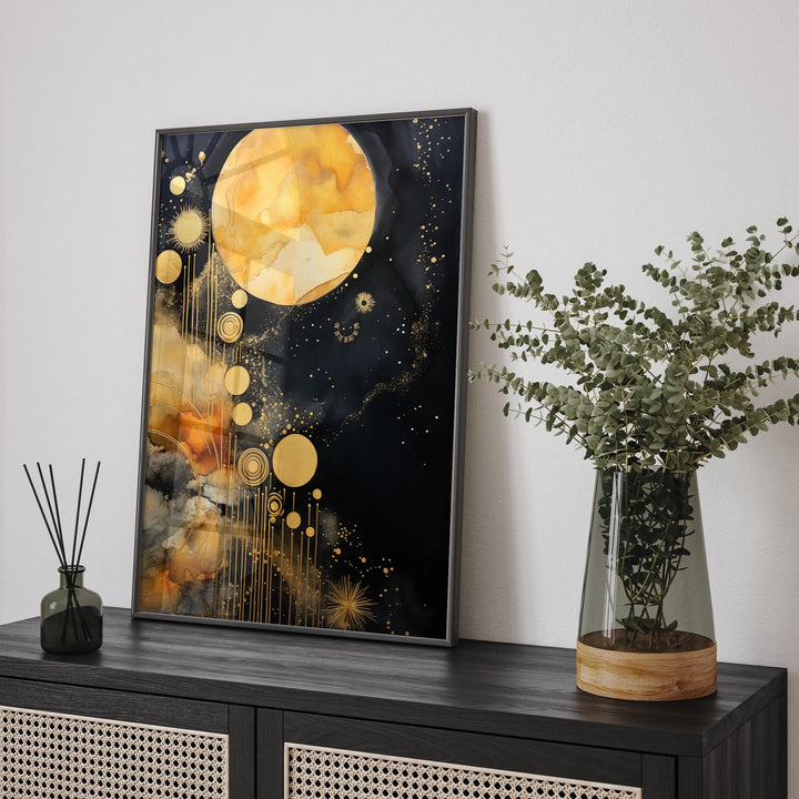 Galaxy Black and gold Modern Floral Wall Art Print | Universe Chic and Elegant Nature-Inspired Artwork