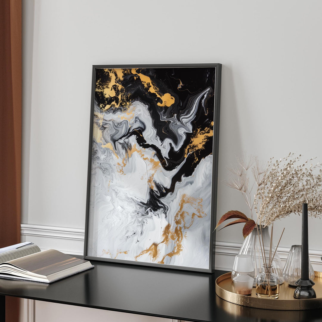 Geometric Lines, Gold, Black Picture Wall Floral Design Art Print | Elegant Decor for Any Space
