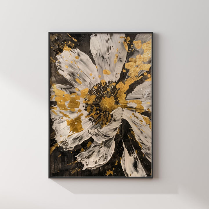 White Flower Gold Wall Print | Minimalist Art for Elegant Spaces
