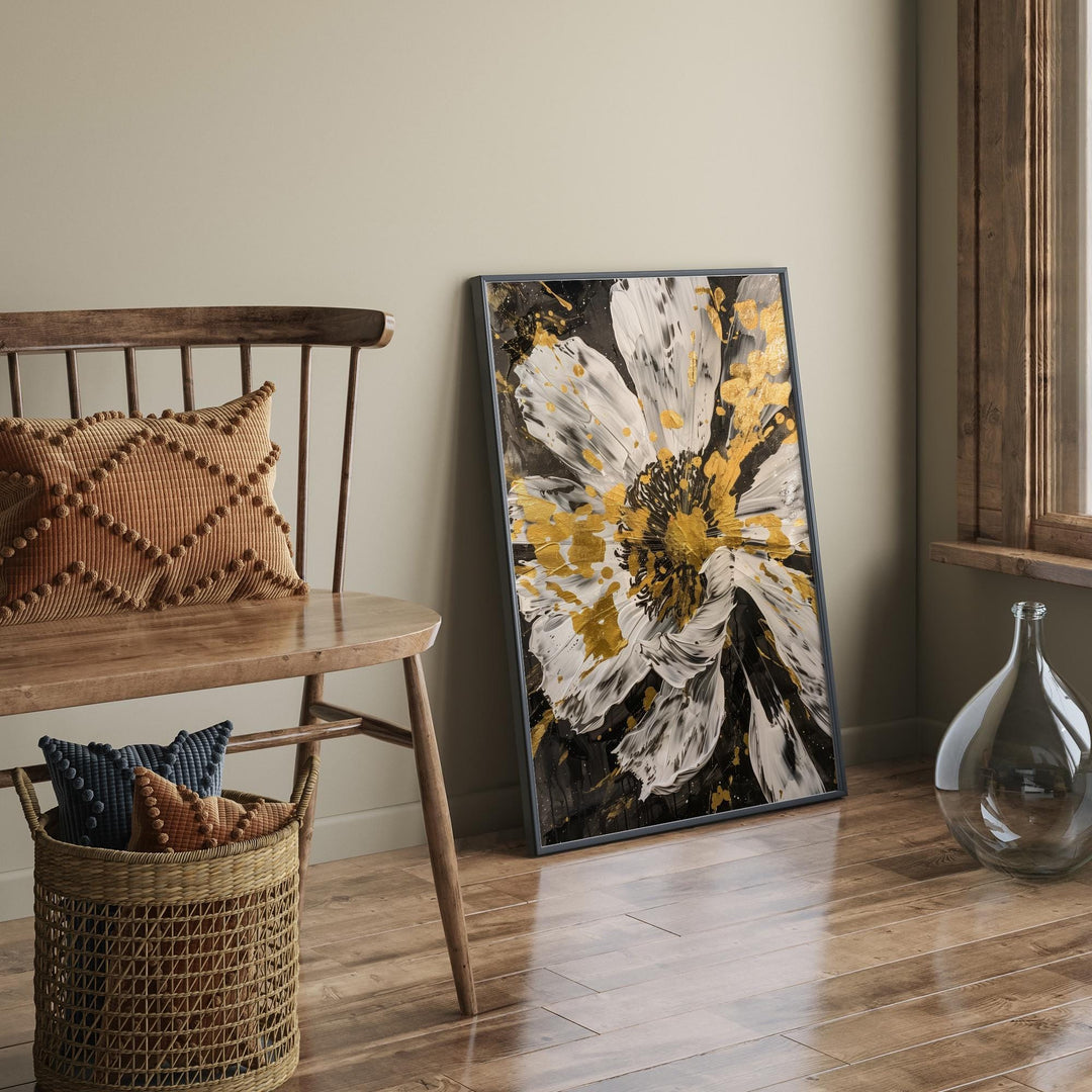 White Flower Gold Wall Print | Minimalist Art for Elegant Spaces