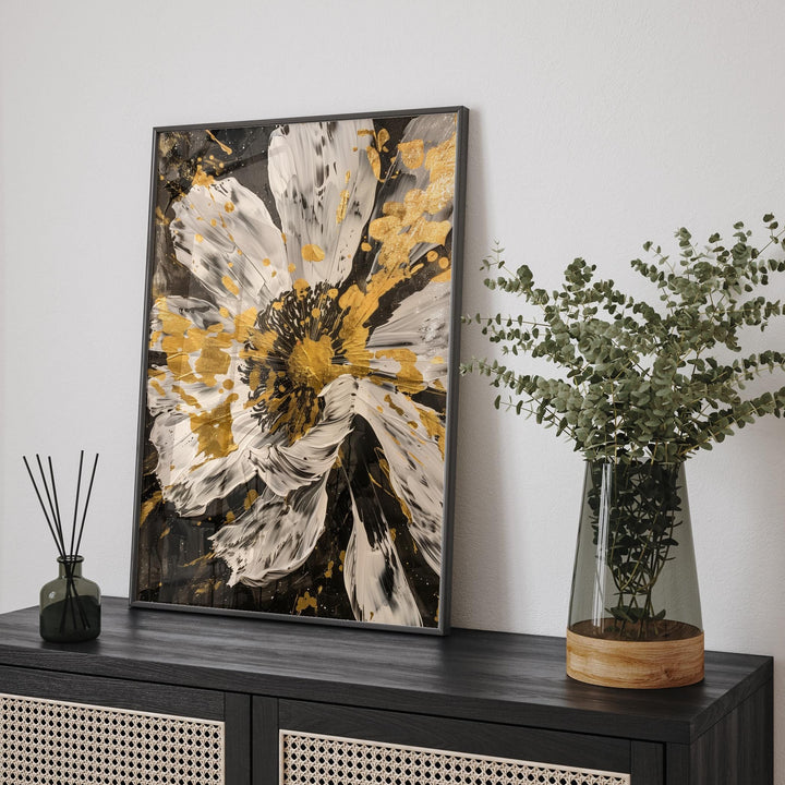 White Flower Gold Wall Print | Minimalist Art for Elegant Spaces