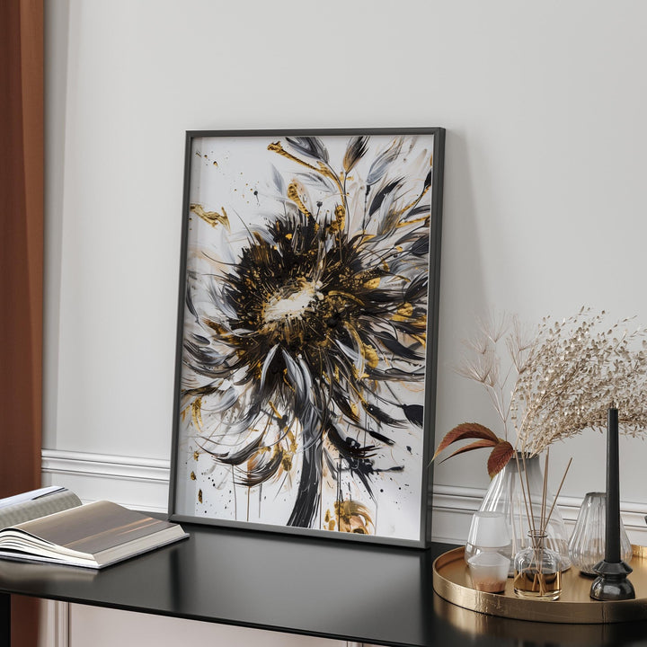 White Flower Bold Black and Gold Artwork | Striking Wall Print for Home & Office